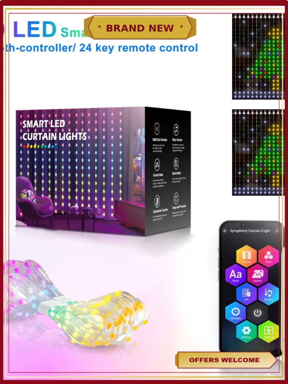 Smart 400 LED Curtain Lights 9.84x9.84ft IP65 Waterproof Music Sync App Control